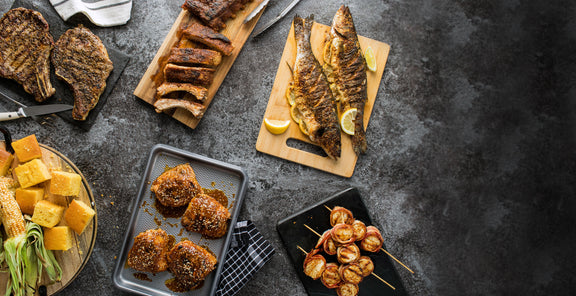 grilled food on platters