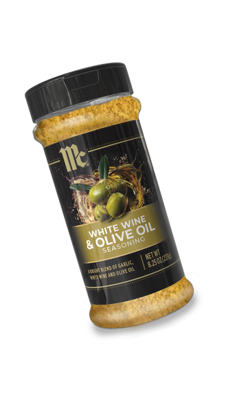 Jar of white wine and olive oil seasoning on a white background