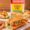A Zatarains Fish Fri seasoned breading box with a delicious looking fried fish sandwich.